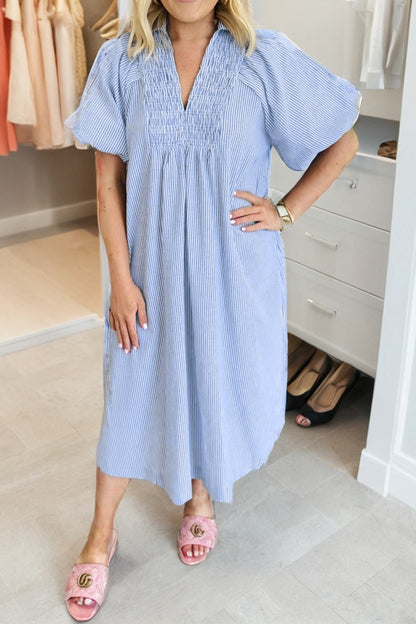 Plus Size Smocked V Neck Midi Dress Stripe Puff Sleeve