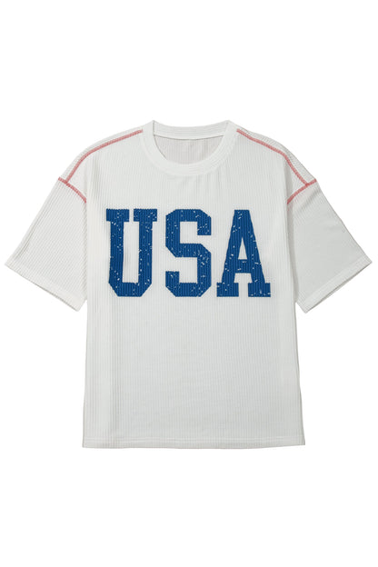 USA Ribbed Graphic Tee Loose Fit Flag Day July 4th