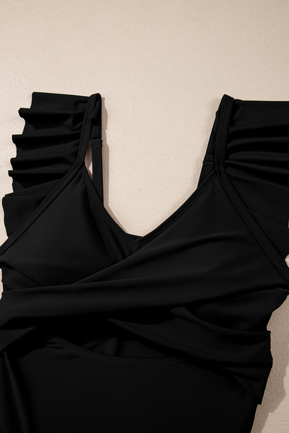 Black Ruffle Cross Front Cutout Slim Fit Tankini Set