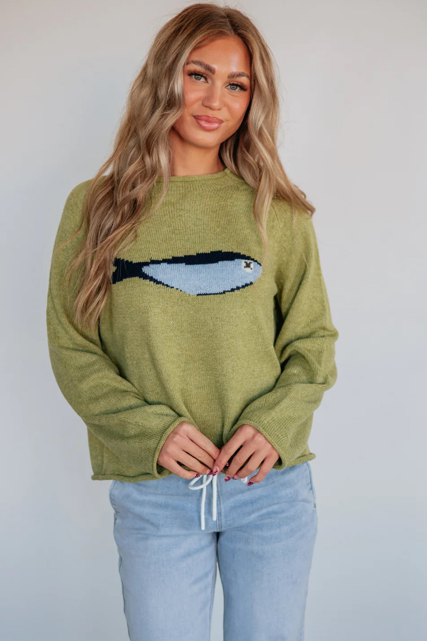 Meadow Mist Green Fish Graphic Oversized Knit Sweater