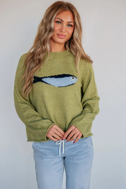 Meadow Mist Green Fish Graphic Oversized Knit Sweater