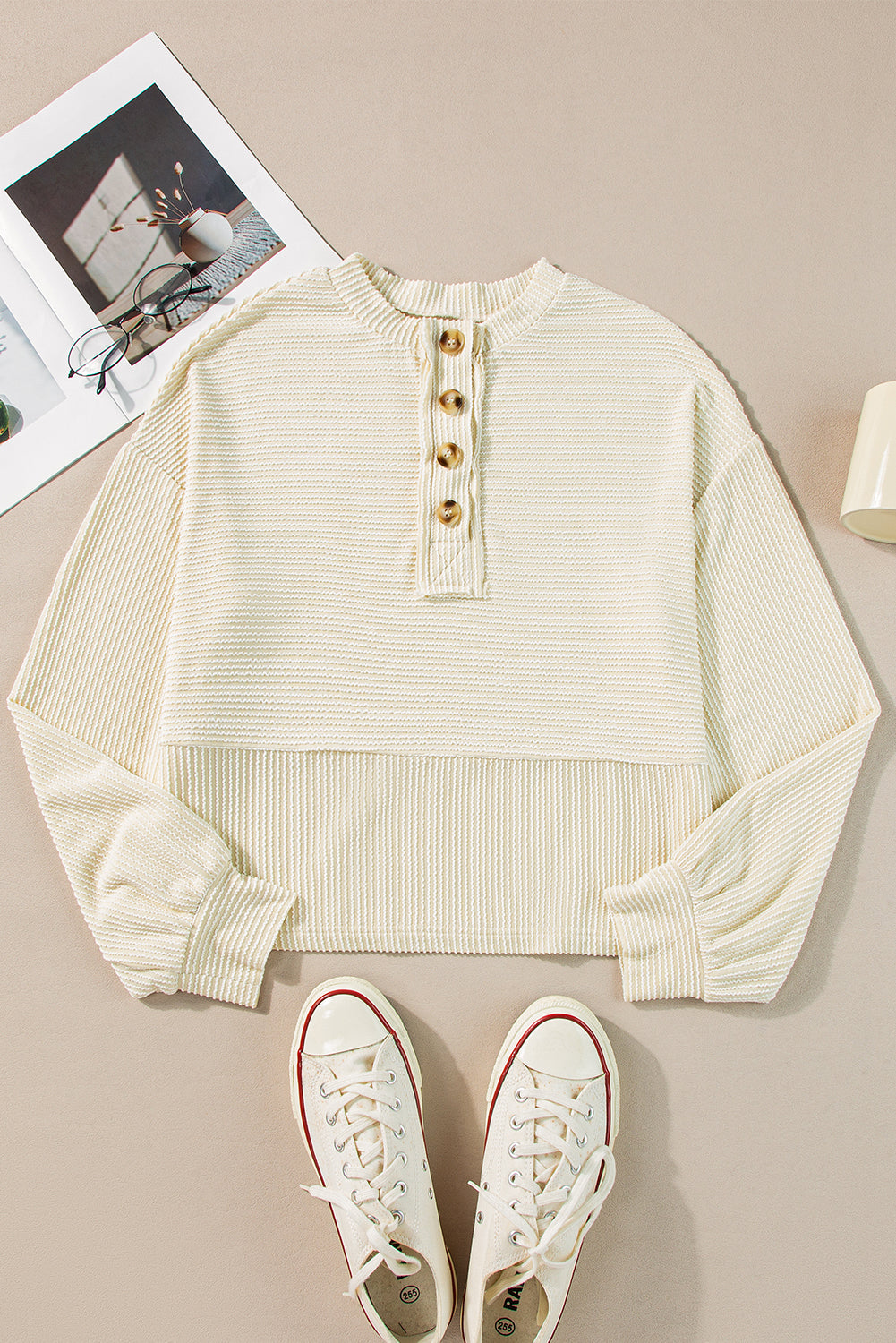 Waffle Knit Lantern Sleeve Henley Pullover – Apricot