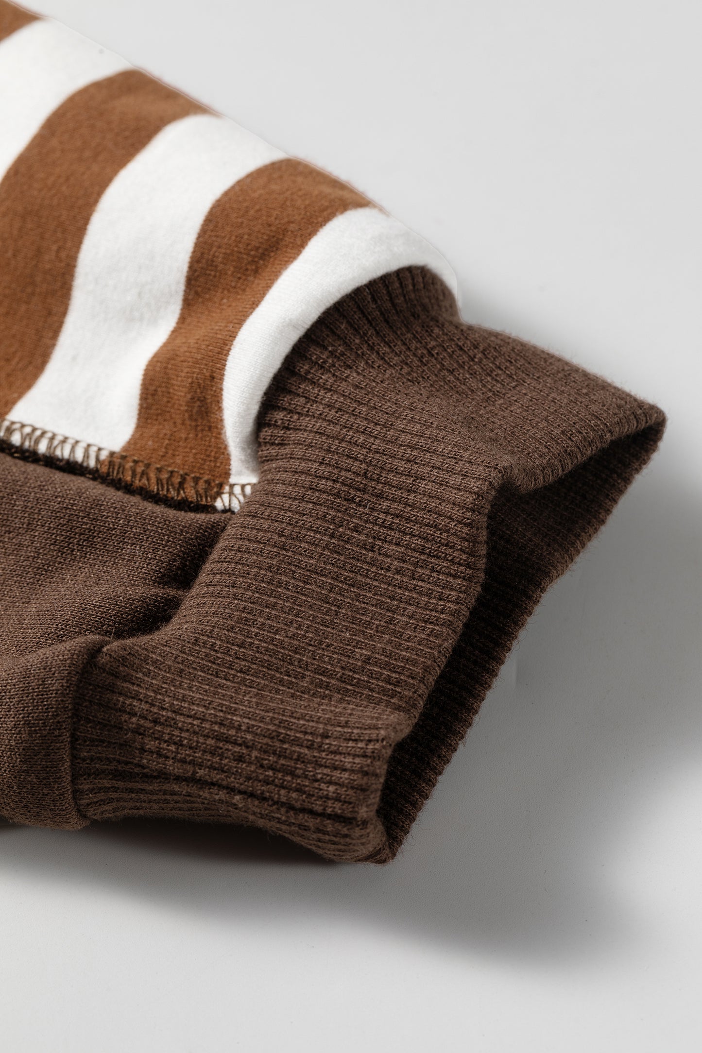Brown Stripe Henley Button Placket Colorblock Sweatshirt Top