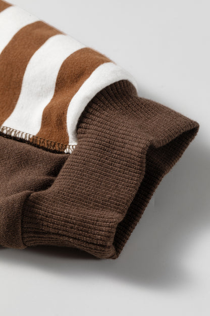 Brown Stripe Henley Button Placket Colorblock Sweatshirt Top