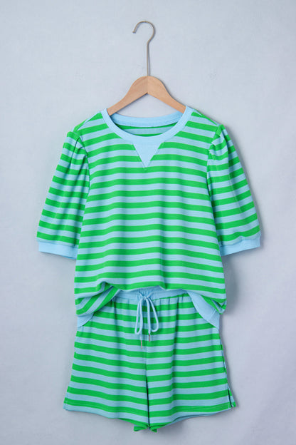 Green Stripe Puff Sleeve Lounge Set Drawstring Shorts