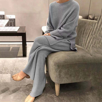 Women's Ribbed Knit Sweater Wide Leg Pants Set