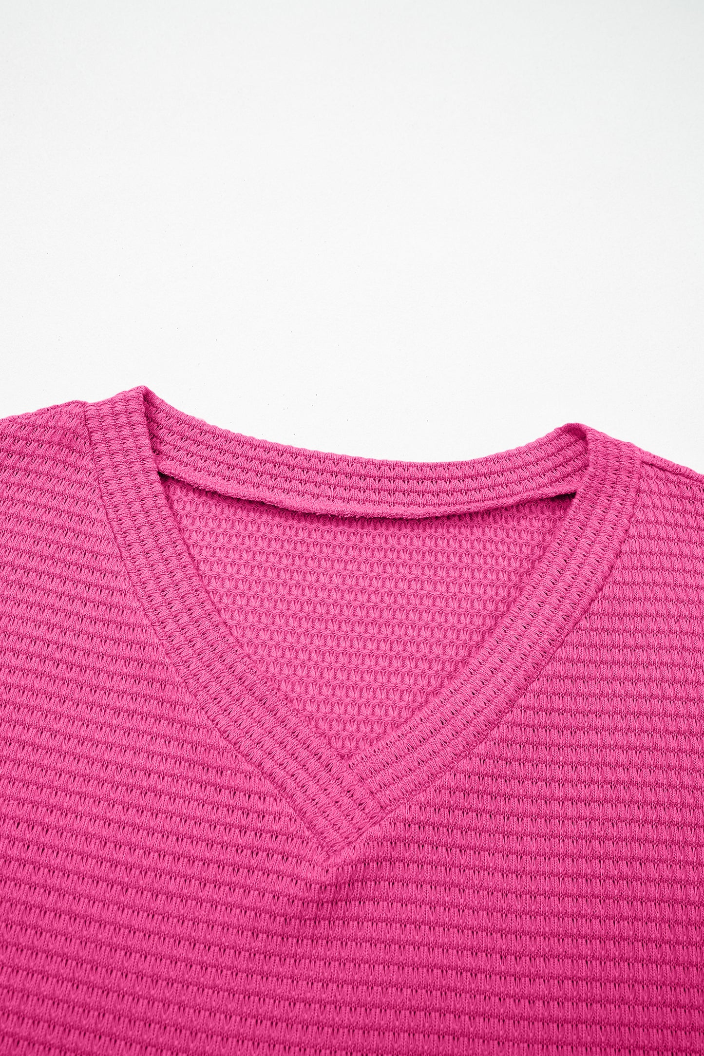 Strawberry Pink Waffle Knit V Neck Short Sleeve Casual Top