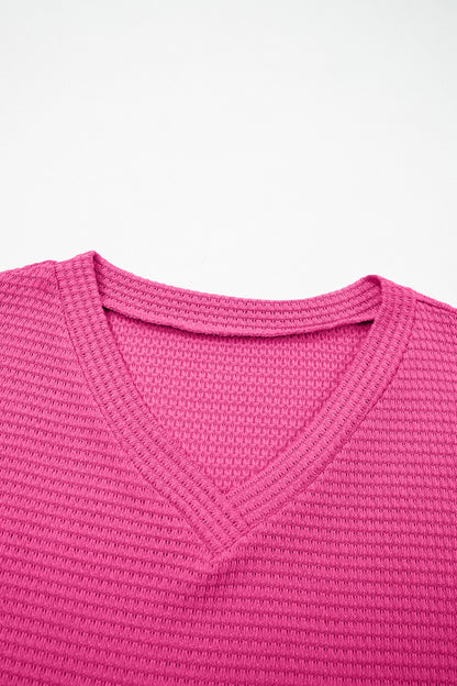 Strawberry Pink Waffle Knit V Neck Short Sleeve Casual Top
