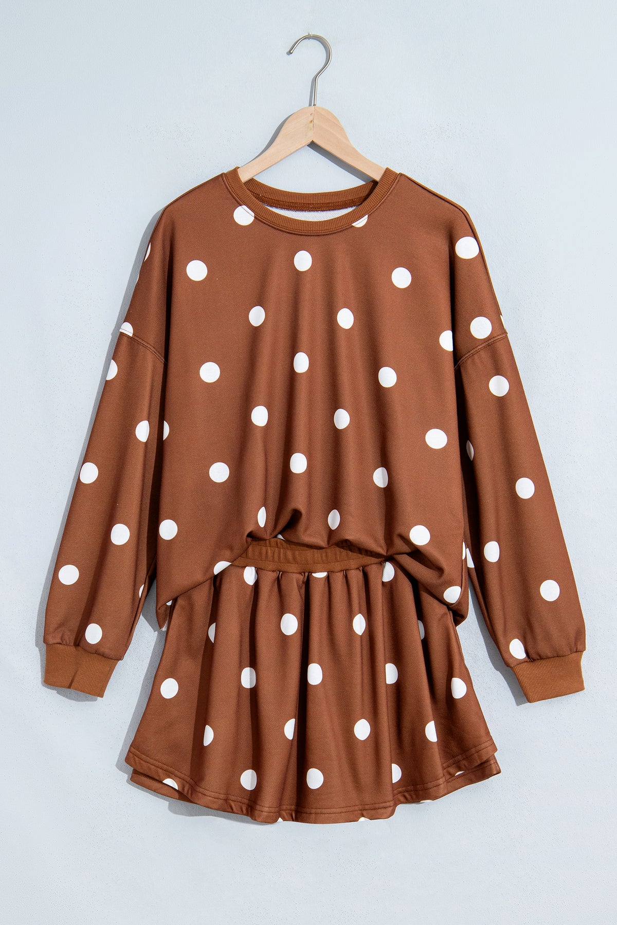 Brown Polka Dot Sweatshirt Skort Two Piece Set