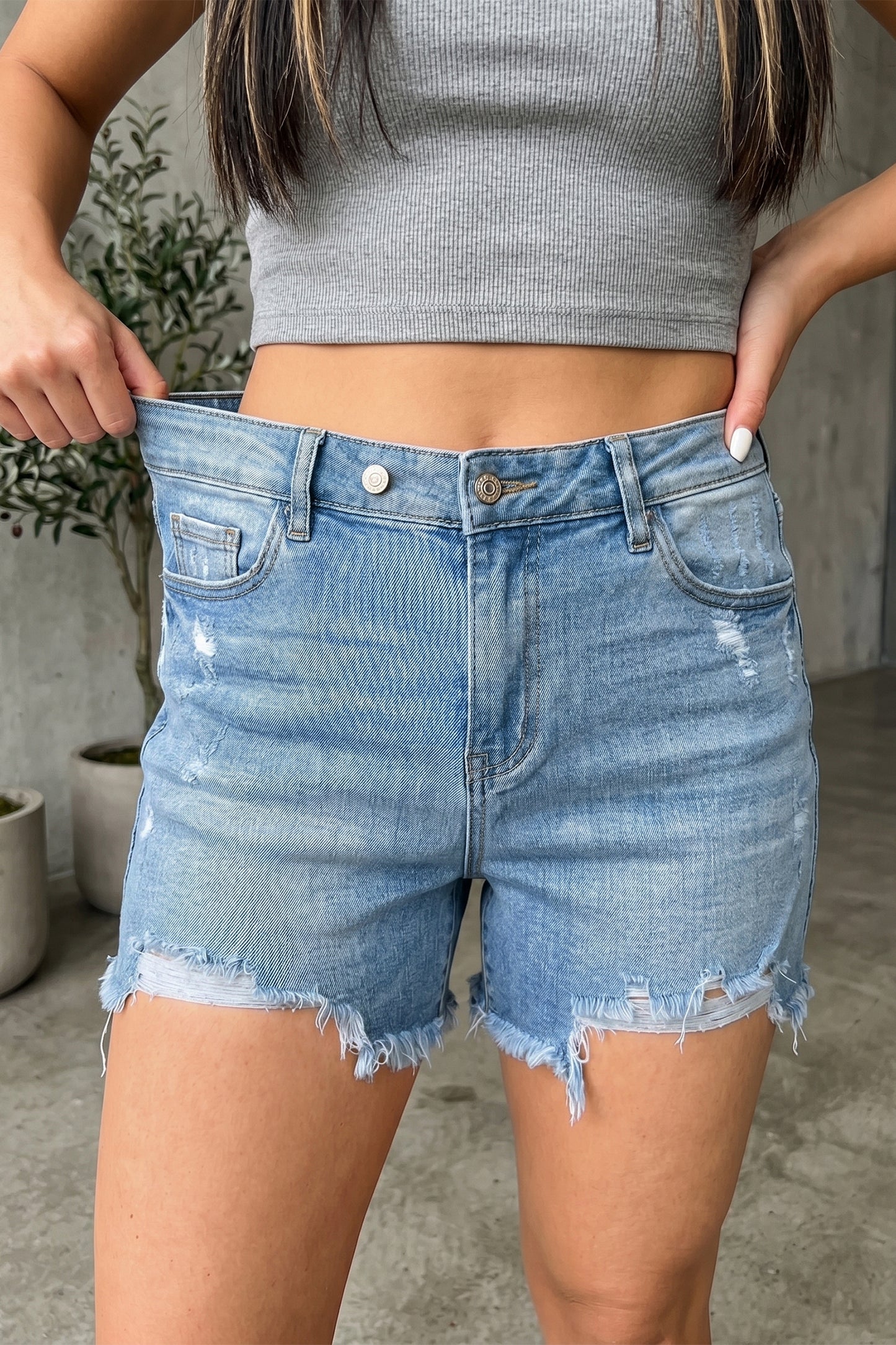 Sail Blue High-Waist Distressed Raw Hem Denim Shorts