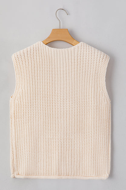 White Chunky Knit Button Front Sweater Vest Women