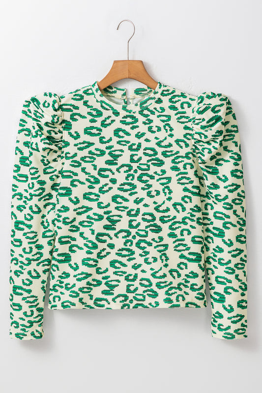 Blackish Green Leopard Print Mock Neck Puff Sleeve Top