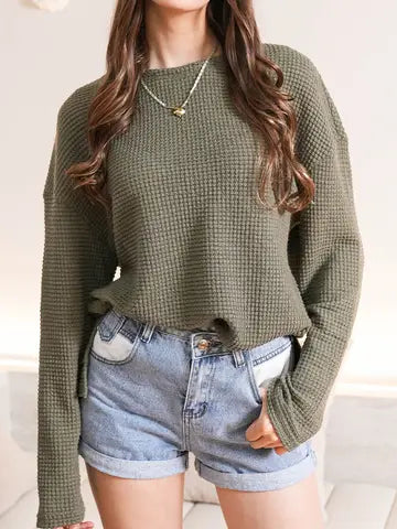 Green Waffle Knit Oversized Top with Side Slits for Women
