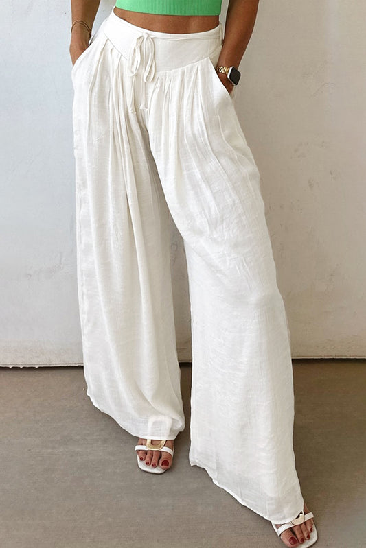 White High Waist Drawstring Wide Leg Palazzo Pants