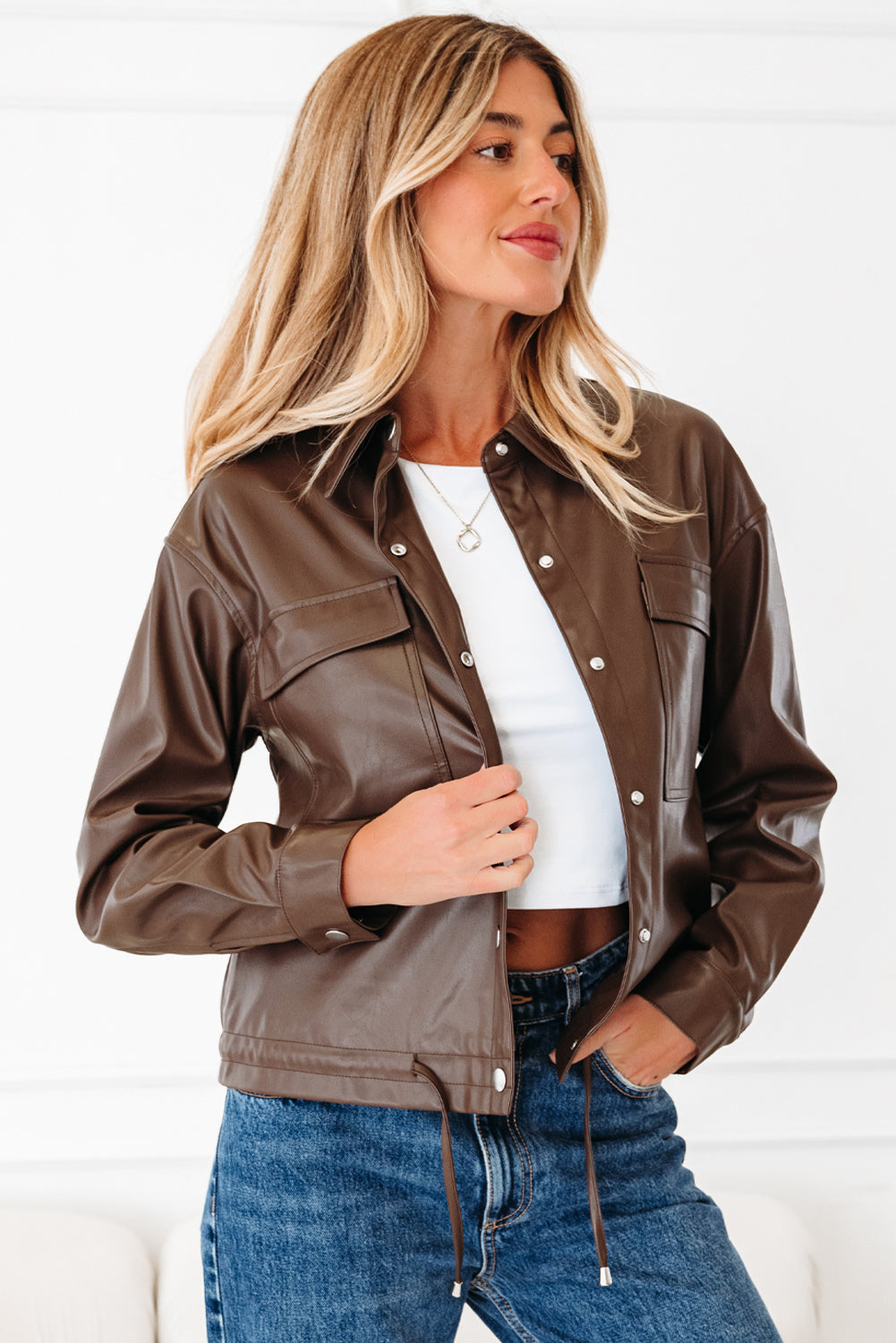 Faux Leather Utility Jacket with Pockets and Drawstring Hem