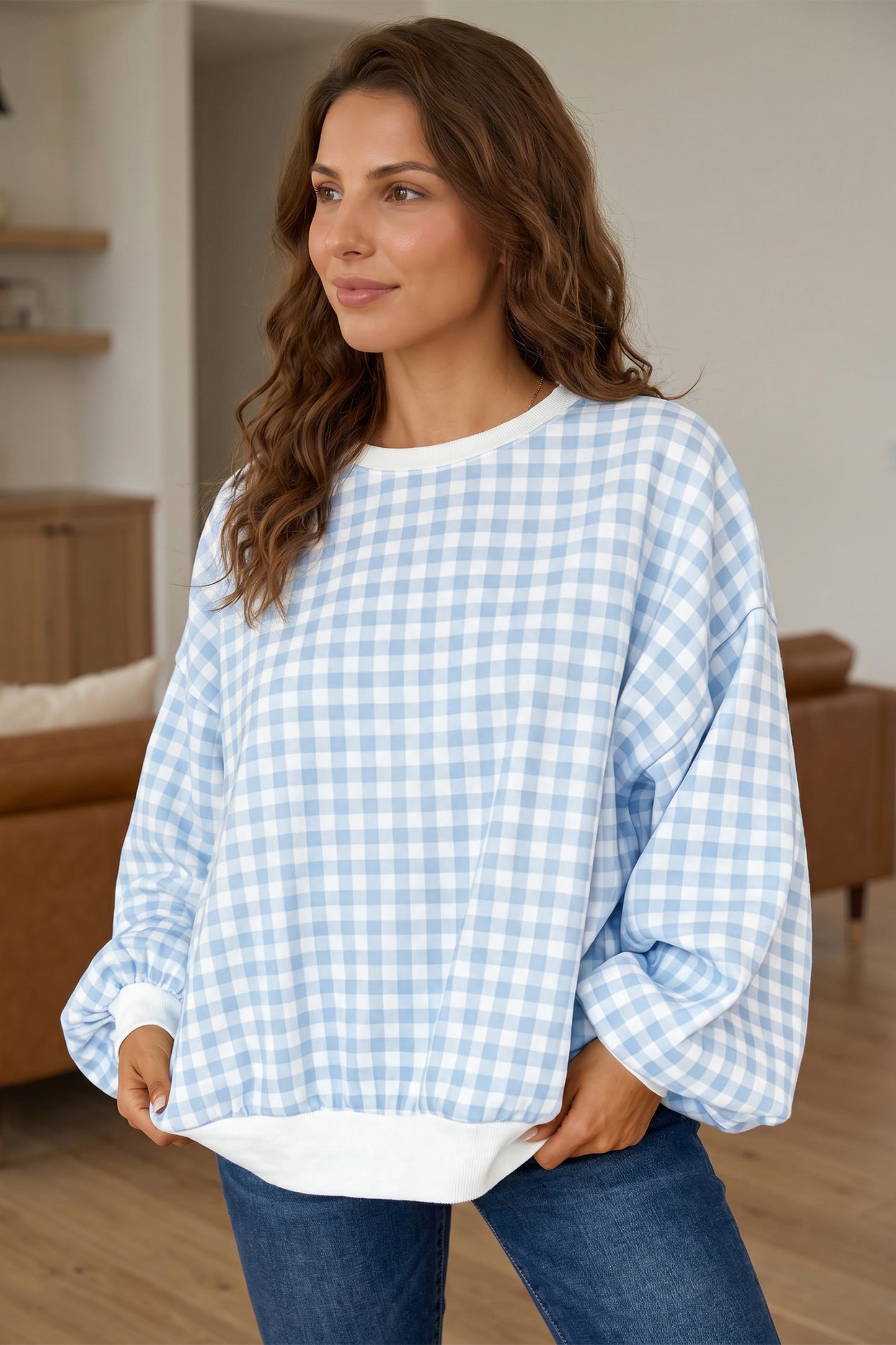 Gingham Plaid Sweatshirt Oversized Puff Sleeve Pullover