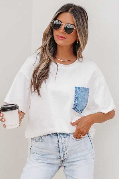 Pocket Tee Women Contrast Denim Pocket Casual T Shirt