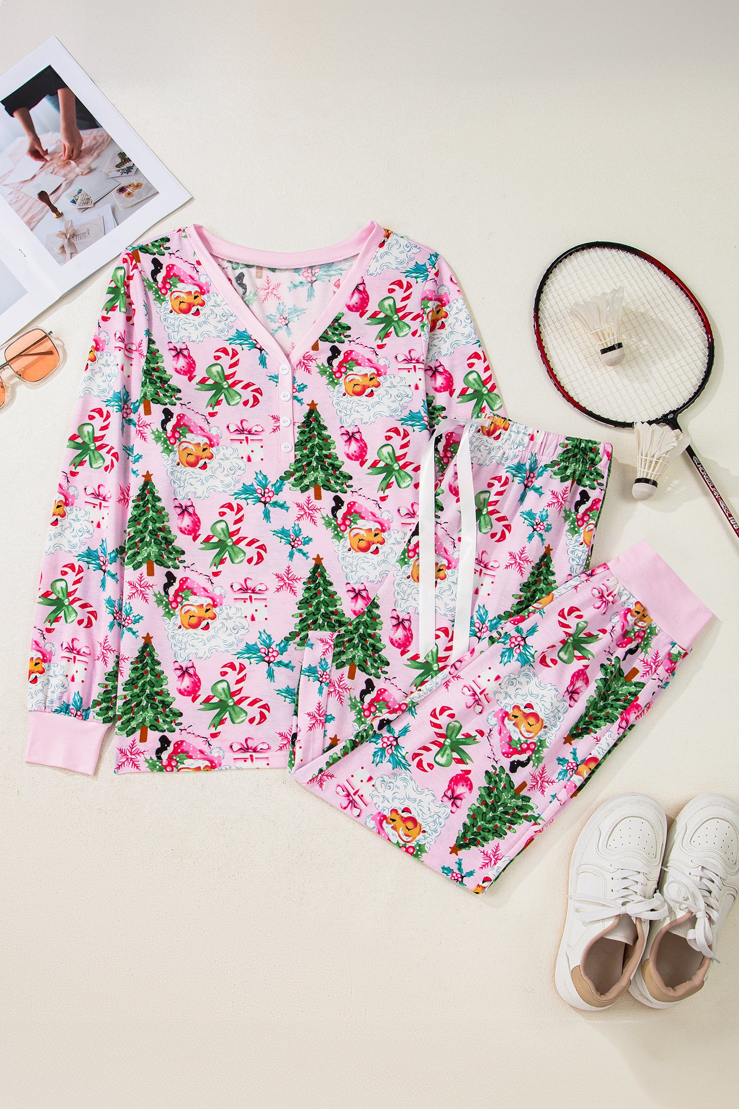 Christmas Tree Print Button Lounge Set for Women 2pcs