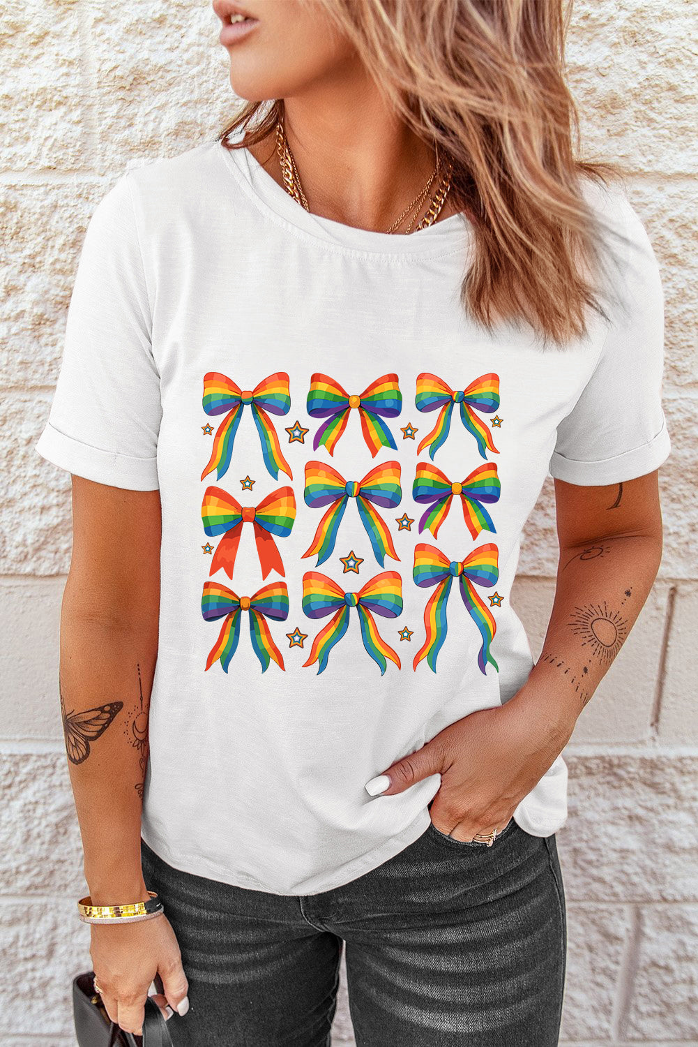 Rainbow Bow Graphic Pride Cotton Blend Casual Tee