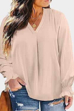 Pleated V Neck Puffy Sleeve Blouse Plus Size