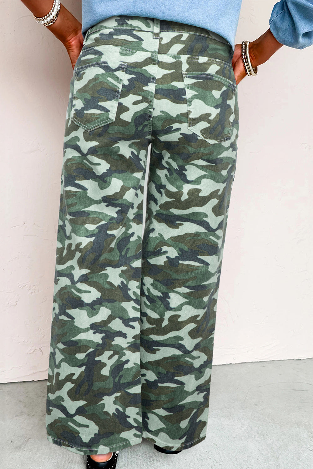 Green Camo Print Wide Leg Drawstring Denim Pants