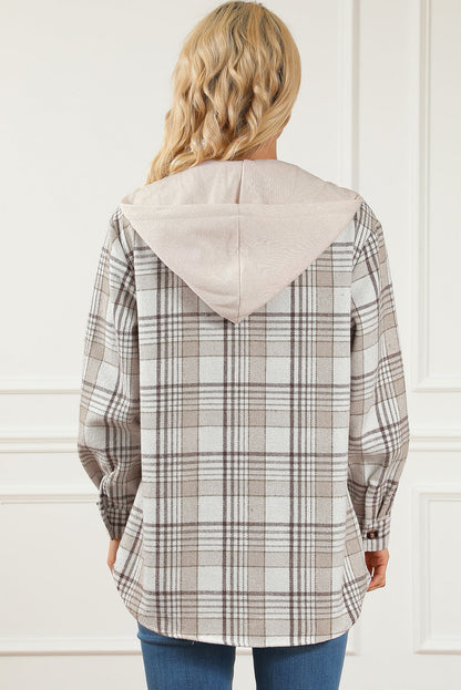 Neutral Khaki Plaid Oversized Shacket with Removable Hood
