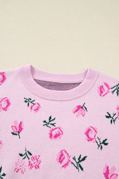 Sweet Floral Print Drop Shoulder Cropped Knit Sweater
