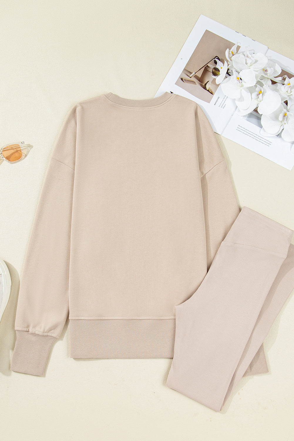Solid Oversize Slit Sweatshirt with Ribbed Leggings Set