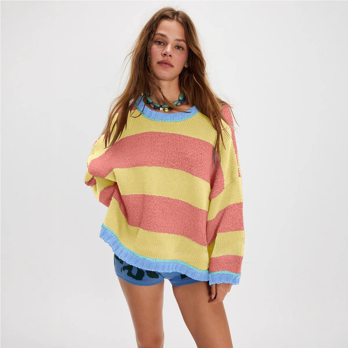 Oversized Color Block Striped Knit Pullover Sweater for Women