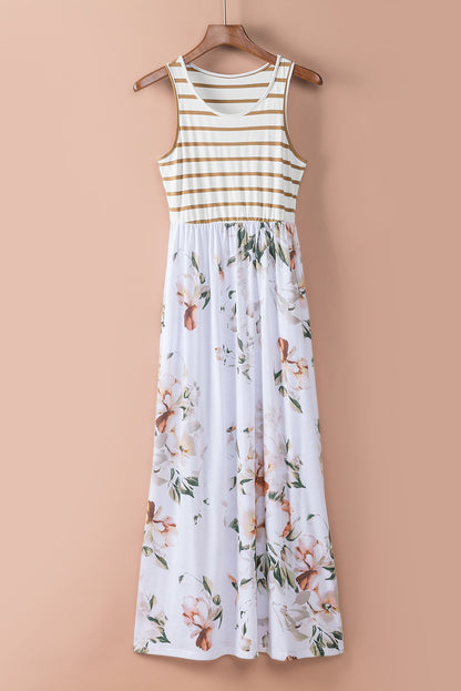 Striped Floral Sleeveless Maxi Dress with Pockets