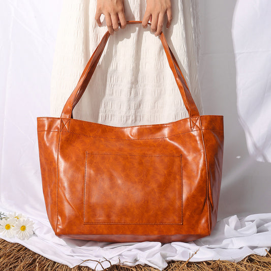 Vintage Soft PU Leather Tote Bag with Front Pocket
