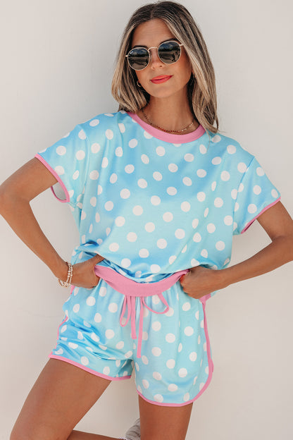 Polka Dot Lounge Set Contrast Trim Tee and Shorts