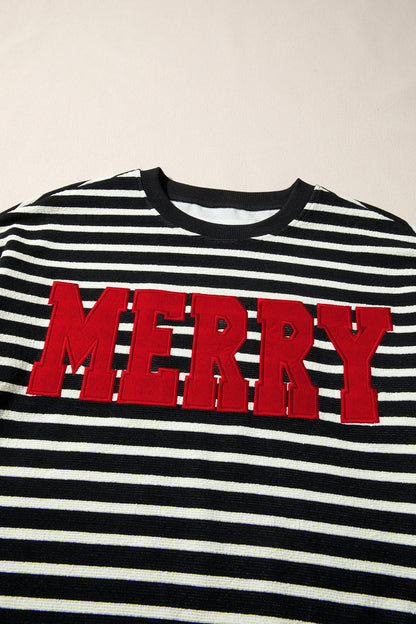 Black Striped MERRY Christmas Sweatshirt Drop Shoulder Pullover