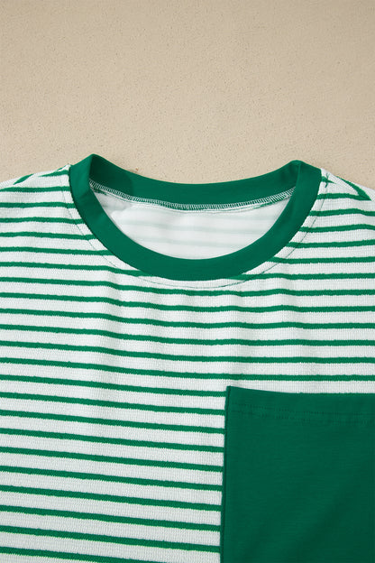 Khaki Stripe Crew Neck Tee Drawstring Waist Cropped Pants Set
