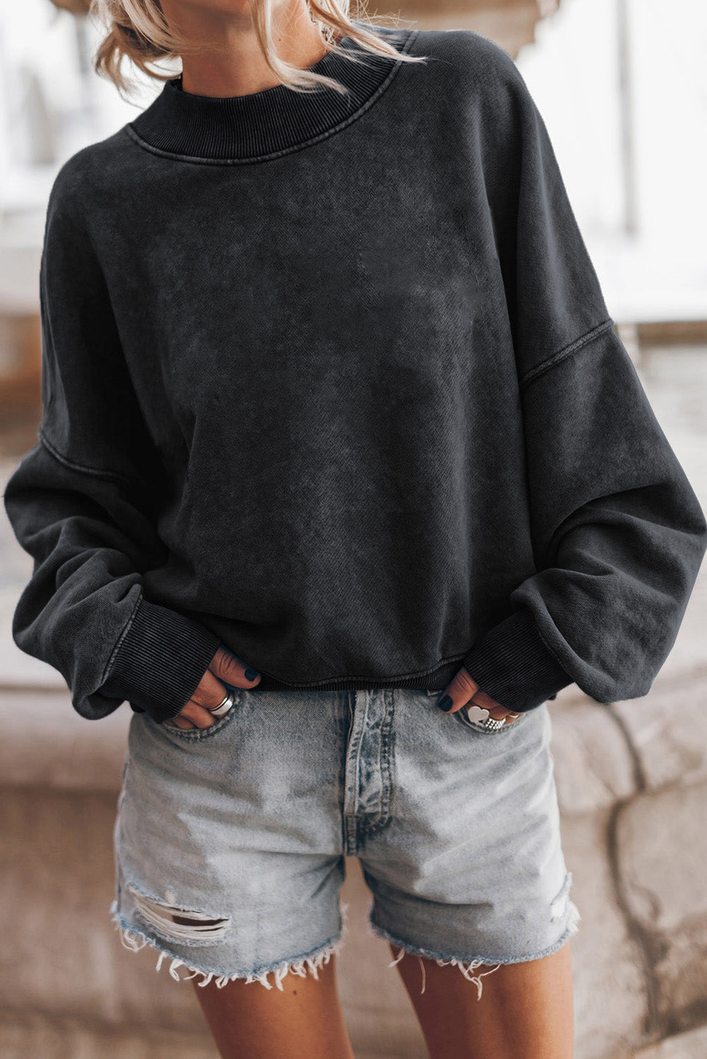 Washed Green Drop Shoulder Crewneck Sweatshirt for Women