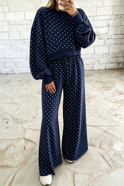 Polka Dot Cropped Sweatshirt Wide Leg Two Piece Set