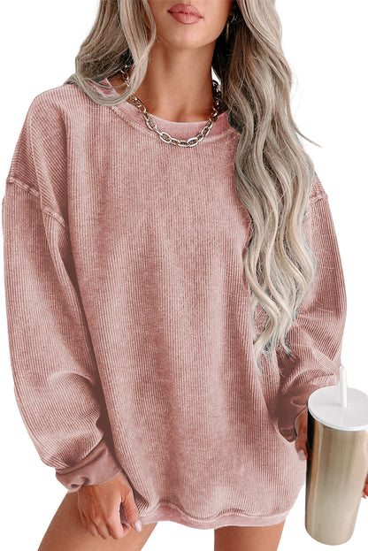 Customizable Solid Ribbed Knit Round Neck Casual PulloverSweatshirt