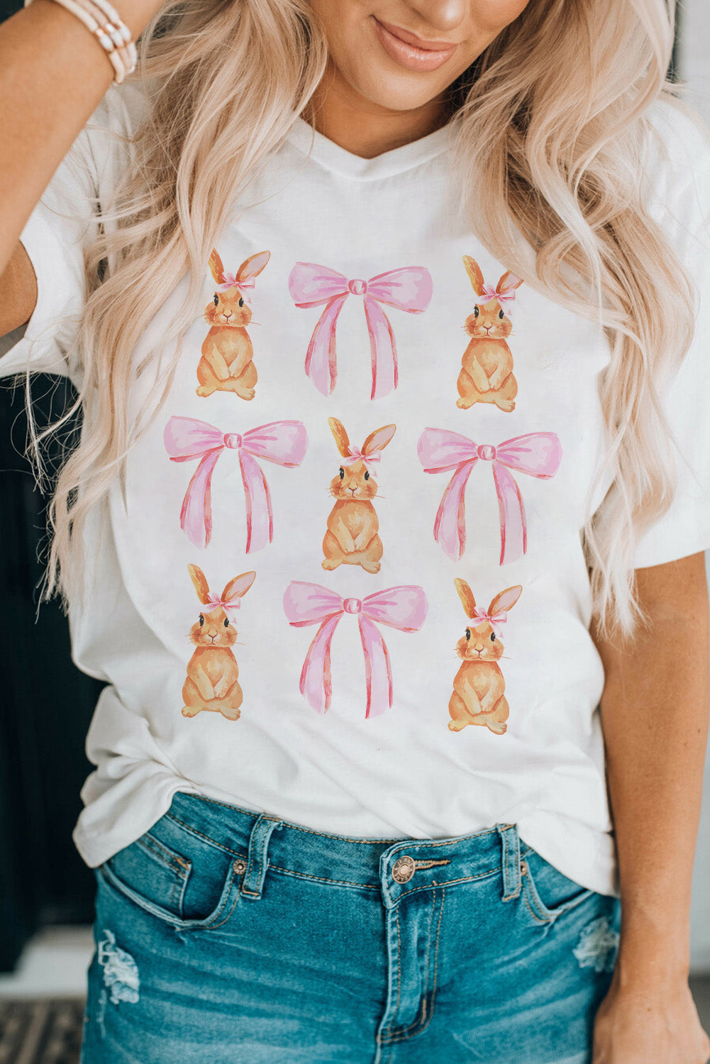 White Easter Bunny Bow Graphic T Shirt