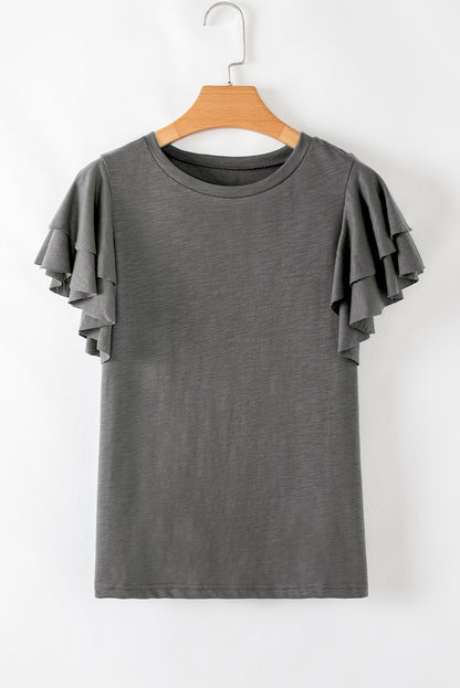 Dark Grey Ruffle Sleeve Casual Tee Boutique Summer Top
