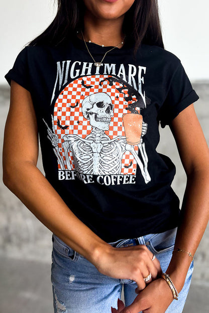 Black Nightmare Coffee Skeleton Halloween Graphic T Shirt
