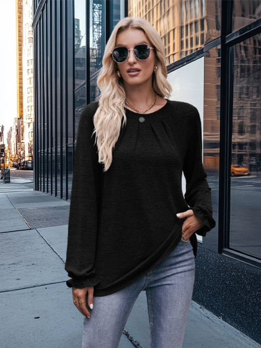 Pleated Crew Neck Long Sleeve T-Shirt with Polished Finish