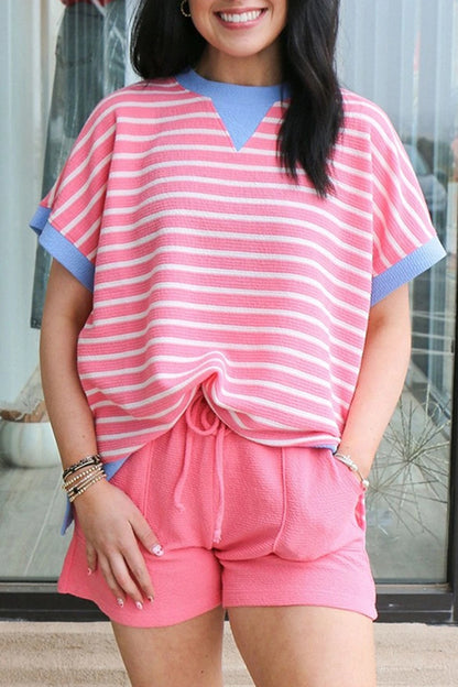 Striped Oversized T Shirt Contrast Trim Casual Top