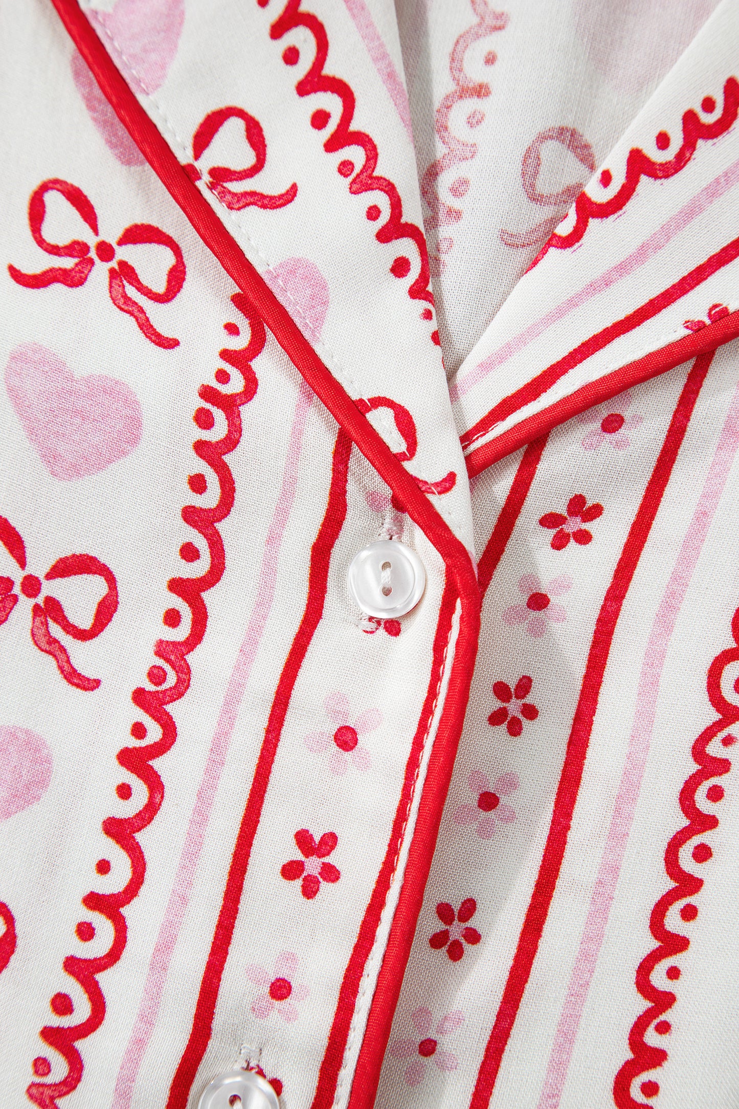 Valentines Heart Bow Print Ribbon Trim 2 Piece Pajama Set