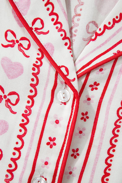 Valentines Heart Bow Print Ribbon Trim 2 Piece Pajama Set