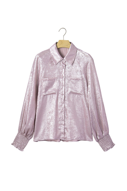 Delicacy Metallic Button Down Satin Blouse with Smocked Cuffs