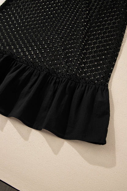 Black Sheer Knit Ruffle Hem Crochet Beach Cover Up