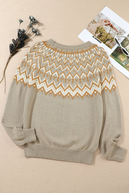 Gray Geometric Pattern Ribbed Round Neck Sweater