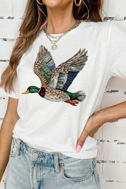Rhinestone Duck Graphic Tee Crew Neck Casual T Shirt