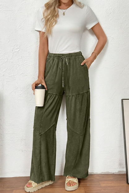 Women's Black Mineral Wash Wide Leg Patchwork Pants