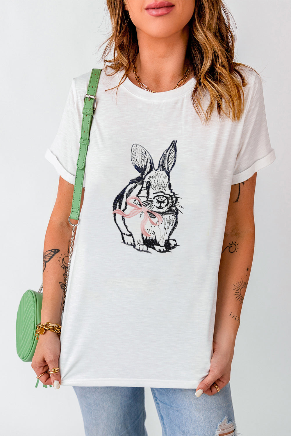 Easter Bunny Bow Embroidered White Casual Graphic Tee